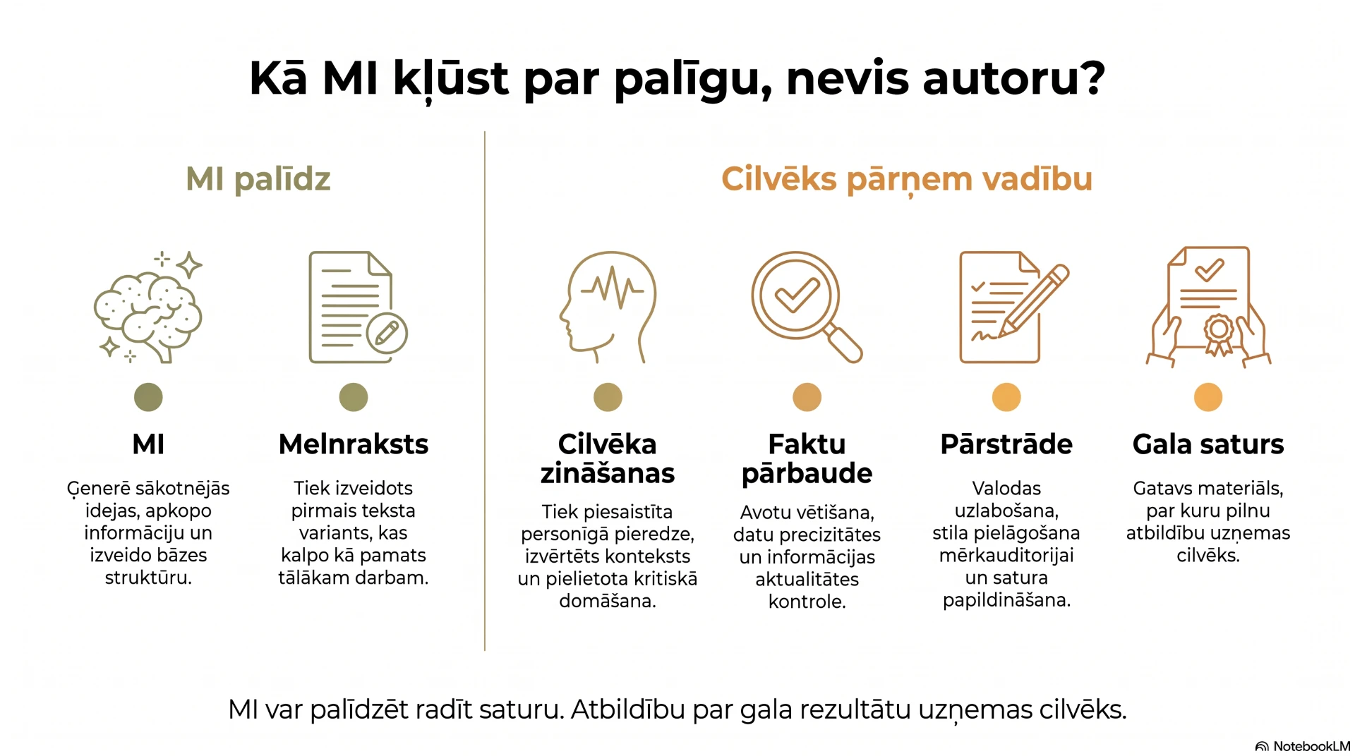 Infografika "Kā MI kļūst par palīgu, nevis autoru" – MI ģenerē idejas un melnrakstu, bet cilvēks pievieno zināšanas, veic faktu pārbaudi, pārstrādā tekstu un atbild par gala saturu