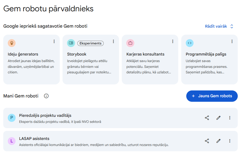 Ekrānuzņēmums no autores Gemini robota jeb asistenta sadaļas